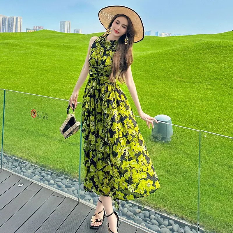 Zyht 91115 novo vestido de verão boho luxuoso com manga casual floral maxi roupas femininas verão vestidos de sol estampados verdes 2024