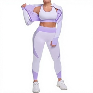 Purple White Yoga Set Textured Sports Bra <b>Leggings</b> Zip Up Hoodie Activewear for Gym Training - Product Image 1