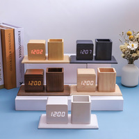 Horloge de bureau électronique en bois créative Runwood avec commande vocale LED et porte-stylo multifonction