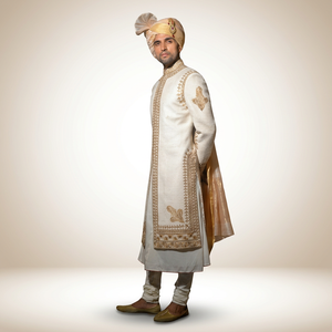 NEW--TRENDY DESIGN of GOLD ZARI EMBROIDERY on WHITE SHERWANI, KURTA WITH <b>PANT</b> Men's Suits & Blazer>Men's Suits Product name - Product Image 3