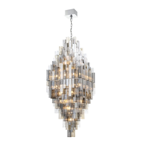 Lustre rectangulaire multi-niveaux en verre empilé de style Art Déco, design sculptural vintage américain, pour hall d'hôtel à plafond haut