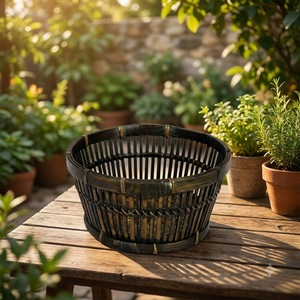 Handmade Rustic Round <b>Bamboo</b> Woven Basket Decorative Handcrafted Storage <b>Container</b> for Retail Display - Product Image 1