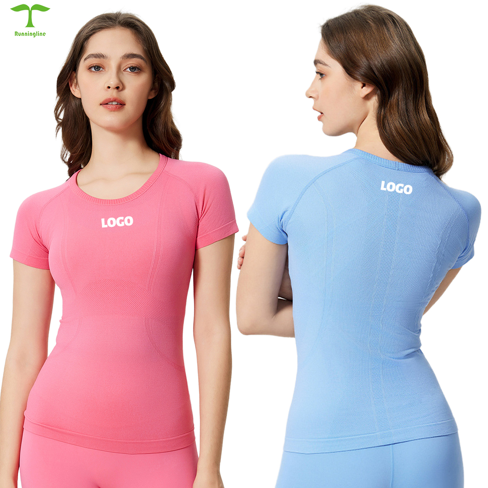 Custom logo Seamless Breathable Girls Round Neck Skinny Women Short Sleeved T Shirt Gym Fitness Top Woman Yoga Top