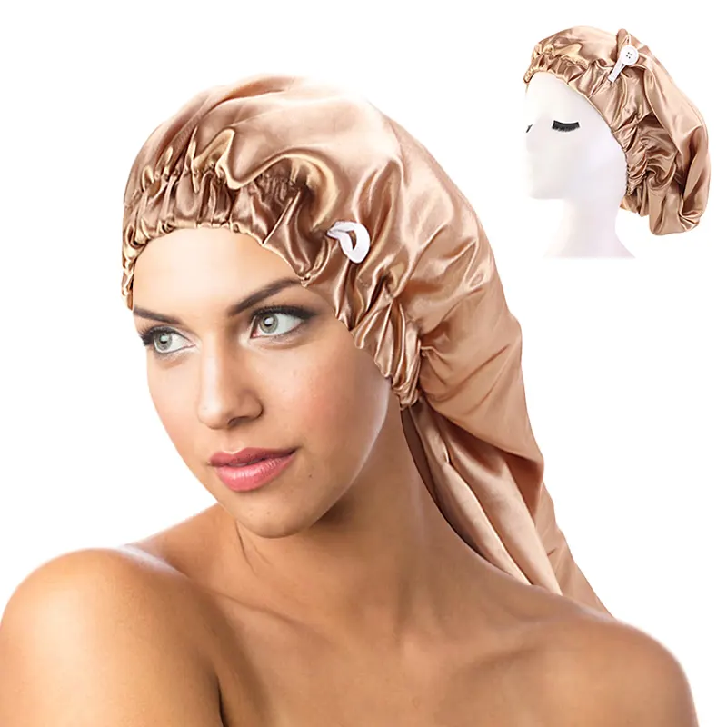Yeni uzun saten Bonnet uyku kap düğmeli yüksek elastik saç bandı gece kap saç bakımı Bonnet Nightcap kadınlar erkekler için kemo kap