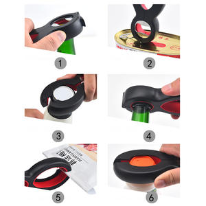 Abrelatas multifunción 6 en 1, forma redonda, abrelatas de acero inoxidable, utensilio de cocina, embalaje negro y rojo - Product Image 1