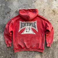 Sudadera con capucha roja lavada con cremallera y logotipo personalizado, fabricante OEM ODM de marca privada, estilo vintage desgastado, de gran gramaje, proveedor mayorista