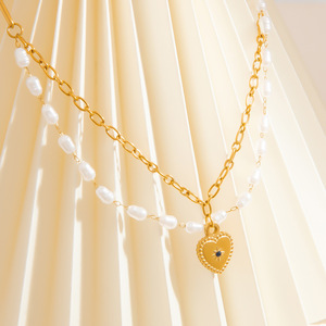 Collar de Perlas con Forma de Corazón, Cadena de Clavícula de Oro de 18K, Joyería Multicapa para Mujer, Uso Diario - Product Image 3