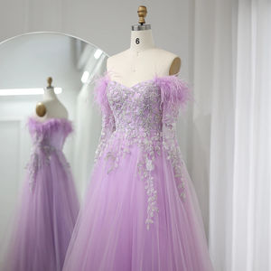 Robe de soirée de luxe à manches cape, motif plumes naturelles, style Dubaï, élégante, épaules dénudées, pour mariage ou fête, longueur ras du sol, coupe trapèze, SZ262-1 - Product Image 5