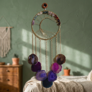 Carillon éolien artisanal en tranche d'agate, décoration suspendue ronde en cristal, ornement thérapeutique Arbre de Vie pour la maison et le jardin - Product Image 3