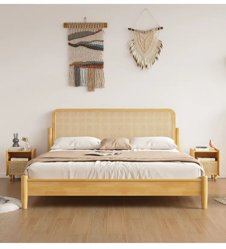 Massivholz bett im Wabi-Sabi-Stil 1,8 m moderne minimalist ische Schlafzimmer möbel Holz Vintage Rattan Doppelbett großes Bett