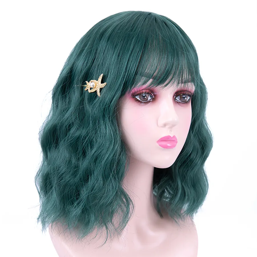 10 Colors 14 Inches Green Color Synthetic Short Bob Wavy Synthetic Hair Wig With Bangs For Cosplay