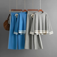 Automne hiver nouveau pull en tricot ample costume grande taille couleur unie bouton décontracté deux pièces ensemble pour dames