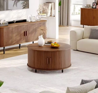 Table basse ronde moderne en bois avec porte coulissante de rangement, en noyer, pour salon, vente en gros pour appartement et hôtel