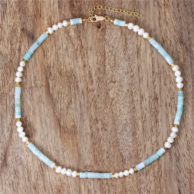 Women Pearl And Amazonite Beads Choker Necklace Bohemian Chic Beach Holiday Torques Necklace High Quality Jewelry Wholesale