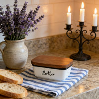 Beurrier classique en céramique avec couvercle en bois d'acacia pour le comptoir, récipient de conservation du beurre
