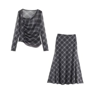 SHENZHU Wanita 2025 Mode Baru Blus Jaring Kotak-kotak Vintage Lengan Panjang Kemeja Wanita Blusas Atasan Chic - Product Image 3