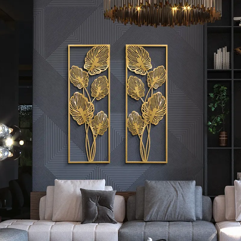Arte de pared de hoja colgante Decoración de pared dorada 3D de lujo moderno para sala de estar