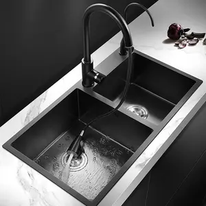 حوض مطبخ عصري صغير يدوي الصنع بتصميم مستطيل أسود من الفولاذ المقاوم للصدأ حوض مطبخ حديث مزدوج يوضع أسفله