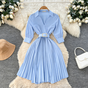 D472 Elegante Abito Lungo Casual da <span class=keywords><strong>Donna</strong></span>, <span class=keywords><strong>Vestito</strong></span> Primaverile alla Moda con Scollo a V, Plissettato, <span class=keywords><strong>Maniche</strong></span> <span class=keywords><strong>Lunghe</strong></span>, Logo sul Retro, Abito Tinta Unita con Cintura - Product Image 1