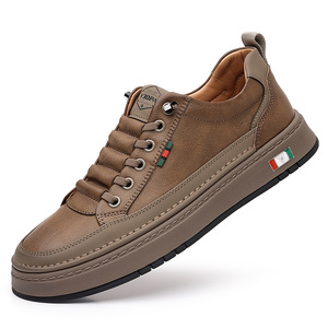 Men's Slip-On Loafers Round Toe Genuine Leather Lining <b>Rubber</b> Outsole Breathable Solid Color Casual Shoes Strip Shoe Tongue Logo - Product Image 5