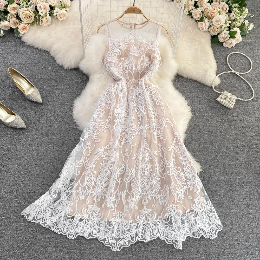 Summer Casual Dresses Women Solid Short Sleeve O-neck Hollow Out Slim Mini Sundress Ladies Elegant Lace A-Line Dress