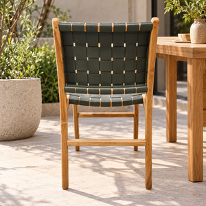Modern <b>Teak</b> <b>Garden</b> <b>Chair</b> With Green Woven Seat And Back Contemporary Outdoor Furniture Durable Tapered Legs - Product Image 1