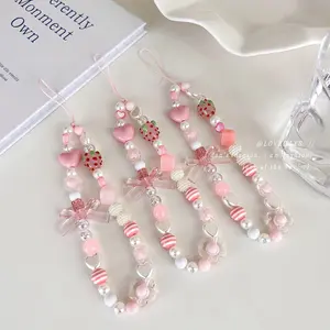 MYLULU YiWu Market Agent Simple Personality Pink Love Strawberry Acrylic Beaded Lanyard Mobile Cell Phone Chain