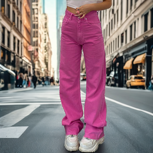 Vaqueros de mezclilla de cintura alta para mujer Vithas Industry Fashion, estilo vintage con parches y borlas, color rosa, corte recto cómodo tipo Mom Fit - Product Image 2