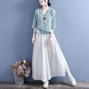 Traditional Chinese Cotton Linen Embroidered Mid-Sleeve Top Women V-Neck Tie Front Floral Pattern Tea Shirt Zen Style - Product Image 4