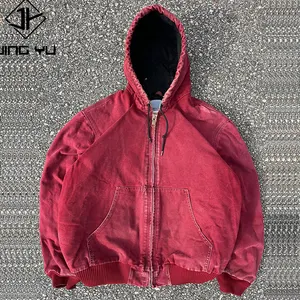 Custom Vintage Stone Wash Jacket Thick Cotton Zipper red hoodie Heavyweight Acid Washed Zip Up double sided hoodie For Men