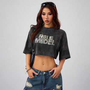 Nuovissimi vestiti da <span class=keywords><strong>donna</strong></span> Top corto <span class=keywords><strong>donna</strong></span> stampa t-Shirt Acid Wash Plain allen Casual t-Shirt da <span class=keywords><strong>donna</strong></span> in cotone - Product Image 5