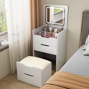 Tocador de maquillaje compacto moderno de 3 cajones con espejo con luz LED, taburete de tocador con tapa abatible para dormitorio - Product Image 1