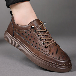 Chaussures bateau en cuir véritable pour hommes, à lacets, bout rond, semelle extérieure en caoutchouc respirante, style décontracté d'été, confortables et légères - Product Image 1