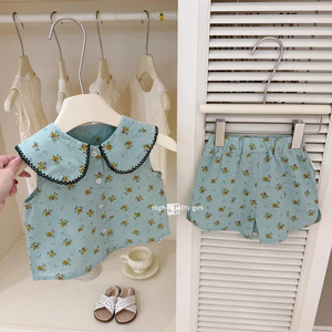 Forest Style Girls Floral Print Peter Pan Collar Vest And Shorts Set Cotton Summer Outfit For Kids - Product Image 1