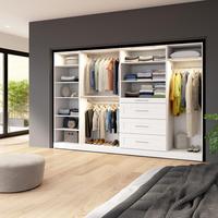 Système de placard modulaire avec étagères, tiroirs, tringles à vêtements et éclairage LED, style Shaker, 121W X 25D