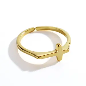elegant open style adjustable gold plated 925 sterling silver blank cross ring