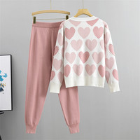 Ensemble de pulls pour femmes faits à la main, à la mode, avec motif de cœurs perlés, ensemble de 2 pièces avec haut en tricot à motif de doubles poches