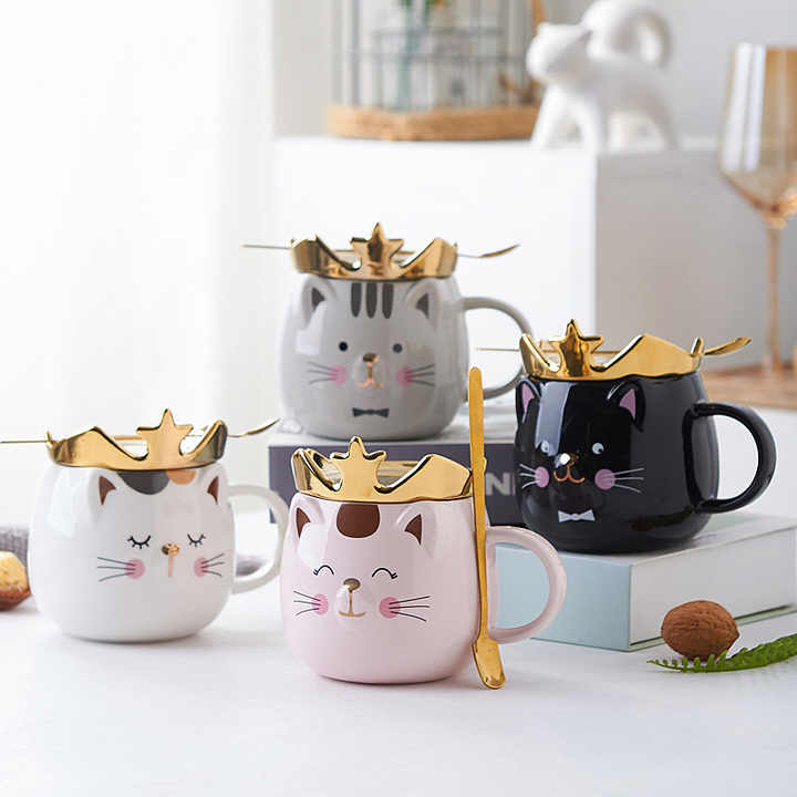 NEWSTAR猫咖啡杯，陶瓷可爱茶奶杯，带勺子的女女孩爱猫者，情侣咖啡杯最佳礼物