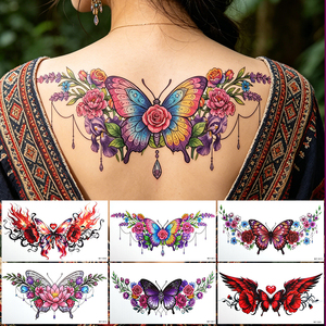 Tatuajes Temporales <span class=keywords><strong>de</strong></span> Alta Fidelidad con Diseño Artístico <span class=keywords><strong>de</strong></span> Ballena Azul y <span class=keywords><strong>Flor</strong></span> <span class=keywords><strong>de</strong></span> <span class=keywords><strong>Loto</strong></span> en Acuarela, Colores Degradados Vívidos para Espalda y Hombro - Product Image 2