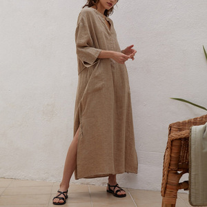 2023 nuovo personalizza 100% lino lungo t-shirt stile donna vestito manica a sette punte tinta unita eleganti <span class=keywords><strong>Maxi</strong></span> abiti Casual - Product Image 2