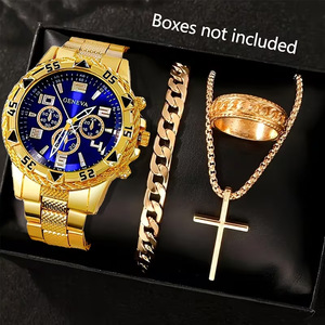 Ensemble <span class=keywords><strong>Montre</strong></span> à Quartz en Acier et <span class=keywords><strong>Bracelet</strong></span> en Alliage d'Or pour <span class=keywords><strong>Homme</strong></span> avec Collier et Bague - Cadeau d'Anniversaire pour Lui - Product Image 1