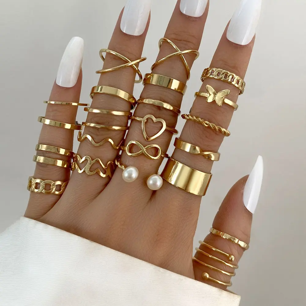 Conjunto de anéis empilháveis punk de ouro com borboleta de cobra Boho, conjunto vintage para mulheres, 22 unidades