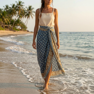 En gros, Écharpe, Paréo, Sarong, Stole, Châle d'été en coton bleu beige pour femme, à imprimé géométrique et botanique, style décontracté - Product Image 1