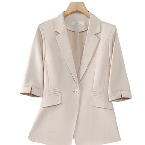 Women's Suit Set Three Quarter Sleeve Satin Breathable Office Lady Commute Work Interview Blue Beige - Product Image 5