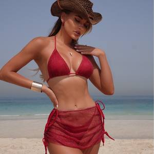 2026 nueva moda mujer Sexy con cordones 3 uds <span class=keywords><strong>Bikini</strong></span> conjunto Halter Color sólido brasileño Tanga traje <span class=keywords><strong>de</strong></span> baño tela especial ropa <span class=keywords><strong>de</strong></span> playa - Product Image 1