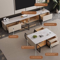 Ensemble table basse et meuble TV en bois massif et pierre, style minimaliste moderne, pour petit appartement, salon ou hôtel