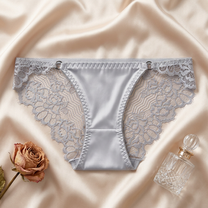 Culottes en satin gris pour femmes, taille basse, élégantes, en dentelle florale, sexy, sous-vêtements féminins respirants avec entrejambe en coton - Product Image 4