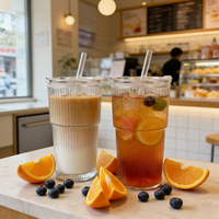 Verres à boire côtelés en verre épais de 600 ml (20 oz) avec paille et couvercle, pour eau, bière, thé et café