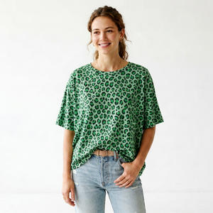 T-shirt vert imprimé léopard pour femme, col rond, manches courtes, coupe ample, tee-shirt d'été décontracté, streetwear - Product Image 1