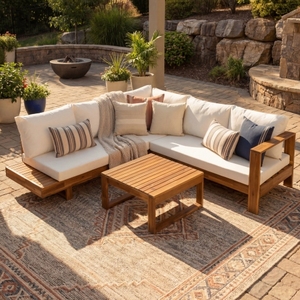 4-Piece Modern Solid Acacia Wood Outdoor Patio <b>Sofa</b> Set with Coffee Table <b>Waterproof</b> Cushions Beige - Product Image 1